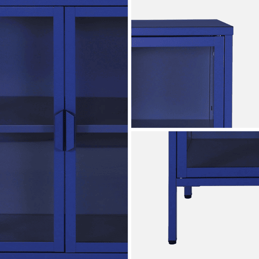 Aparador industrial de metal e vidro temperado 3 portas, 100cm, Arkansas, Azul, 100x35x80 cm
