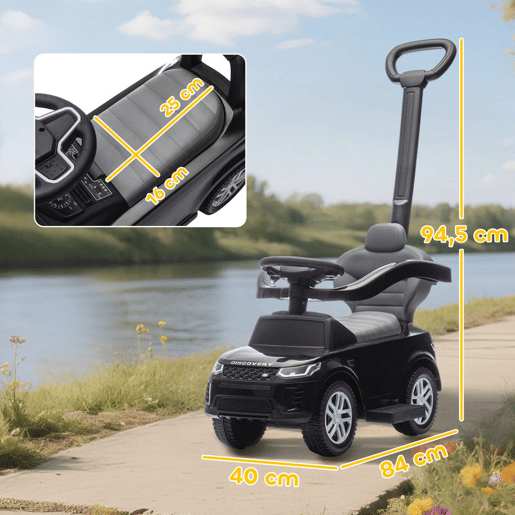 AIYAPLAY Carro Andador 2 em 1 para Crianças de 18-36 Meses Carro Andador Land Rover Discovery com Espaço de Armazenamento Buzina Volante Pega de Empurrar e Barra Removíveis 84x40x94,5 cm Preto