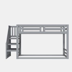 Cama infantil 90x200 cm - Beliche baixo com escada de segurança - Estrutura em madeira maciça - Cinza