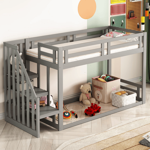 Cama infantil 90x200 cm - Beliche baixo com escada de segurança - Estrutura em madeira maciça - Cinza