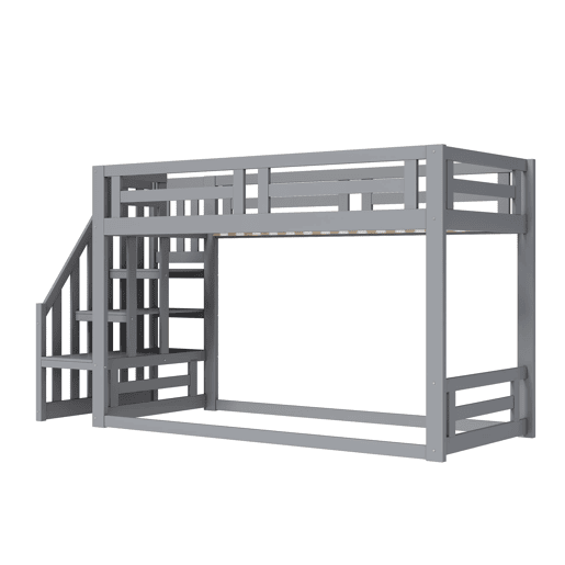 Cama infantil 90x200 cm - Beliche baixo com escada de segurança - Estrutura em madeira maciça - Cinza