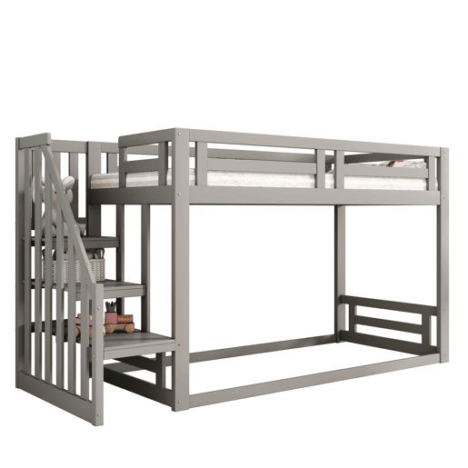 Cama infantil 90x200 cm - Beliche baixo com escada de segurança - Estrutura em madeira maciça - Cinza