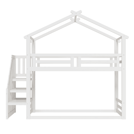 Cama infantil 90x200 cm - Beliche baixo com escada de segurança, estrutura em madeira maciça - Branco