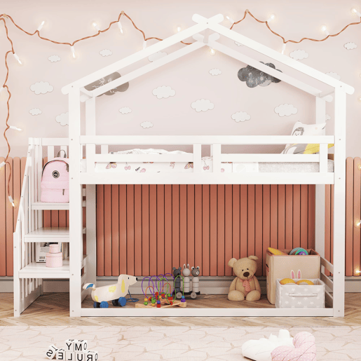 Cama infantil 90x200 cm - Beliche baixo com escada de segurança, estrutura em madeira maciça - Branco
