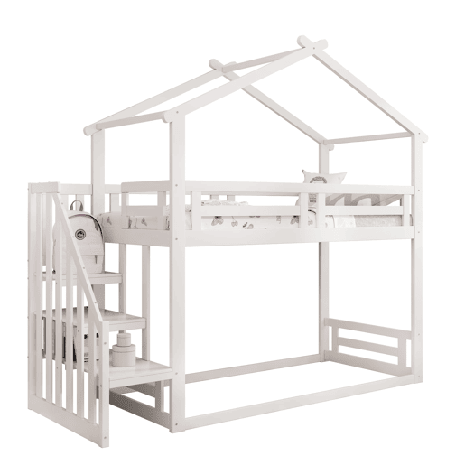 Cama infantil 90x200 cm - Beliche baixo com escada de segurança, estrutura em madeira maciça - Branco