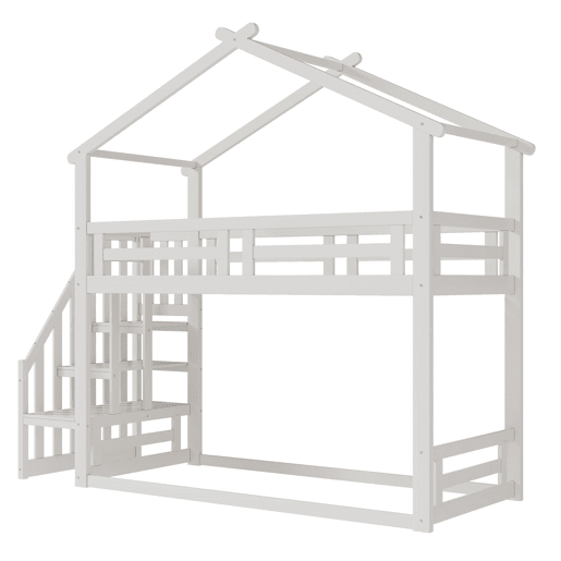 Cama infantil 90x200 cm - Beliche baixo com escada de segurança, estrutura em madeira maciça - Branco