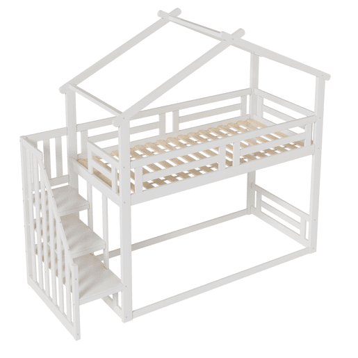 Cama infantil 90x200 cm - Beliche baixo com escada de segurança, estrutura em madeira maciça - Branco