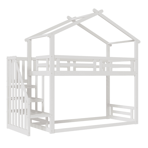 Cama infantil 90x200 cm - Beliche baixo com escada de segurança, estrutura em madeira maciça - Branco