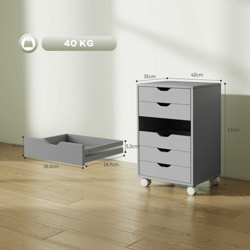 HOMCOM Bloco de Gavetas Móvel Arquivador com 6 Gavetas Suporte para Impressora com Rodas Guias Deslizantes Silenciosas para Escritório Casa 40x35x63 cm Cinzento
