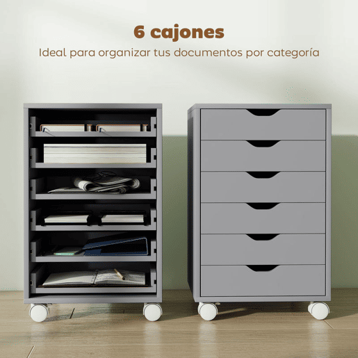 HOMCOM Bloco de Gavetas Móvel Arquivador com 6 Gavetas Suporte para Impressora com Rodas Guias Deslizantes Silenciosas para Escritório Casa 40x35x63 cm Cinzento