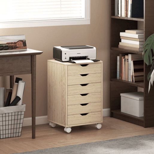 HOMCOM Bloco de Gavetas Móvel Arquivador com 6 Gavetas Suporte para Impressora com Rodas Guias Deslizantes Silenciosas para Escritório Casa 40x35x63 cm Madeira