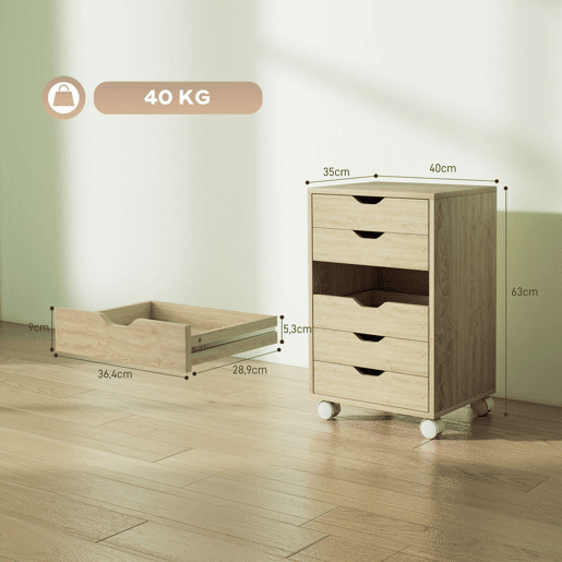 HOMCOM Bloco de Gavetas Móvel Arquivador com 6 Gavetas Suporte para Impressora com Rodas Guias Deslizantes Silenciosas para Escritório Casa 40x35x63 cm Madeira