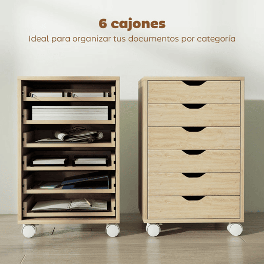 HOMCOM Bloco de Gavetas Móvel Arquivador com 6 Gavetas Suporte para Impressora com Rodas Guias Deslizantes Silenciosas para Escritório Casa 40x35x63 cm Madeira