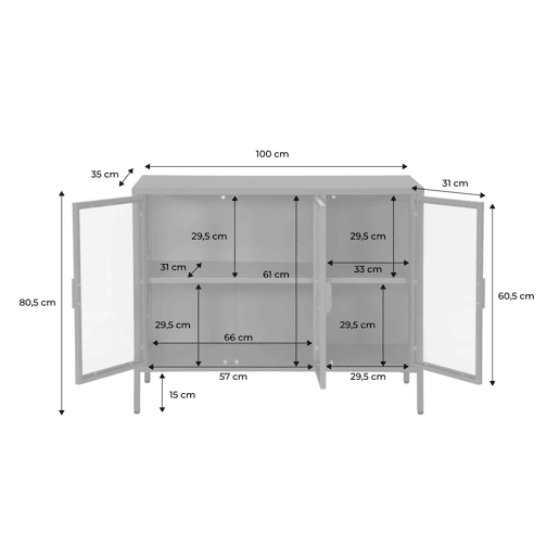 Aparador industrial de metal e vidro temperado 3 portas, 100cm, Arkansas, Beige, 100x35x80 cm