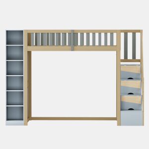 Cama alta multifuncional 90x200 cm - Com prateleiras, armário e escada de segurança - Cinza + Madeira natural