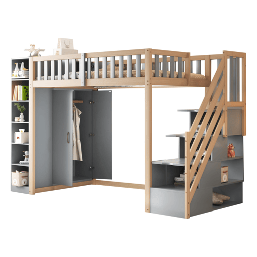 Cama alta multifuncional 90x200 cm - Com prateleiras, armário e escada de segurança - Cinza + Madeira natural