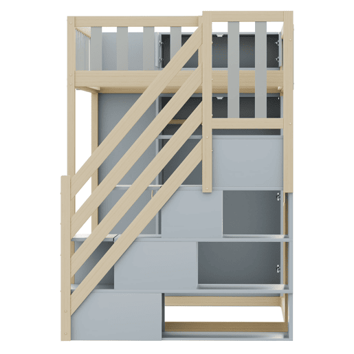 Cama alta multifuncional 90x200 cm - Com prateleiras, armário e escada de segurança - Cinza + Madeira natural