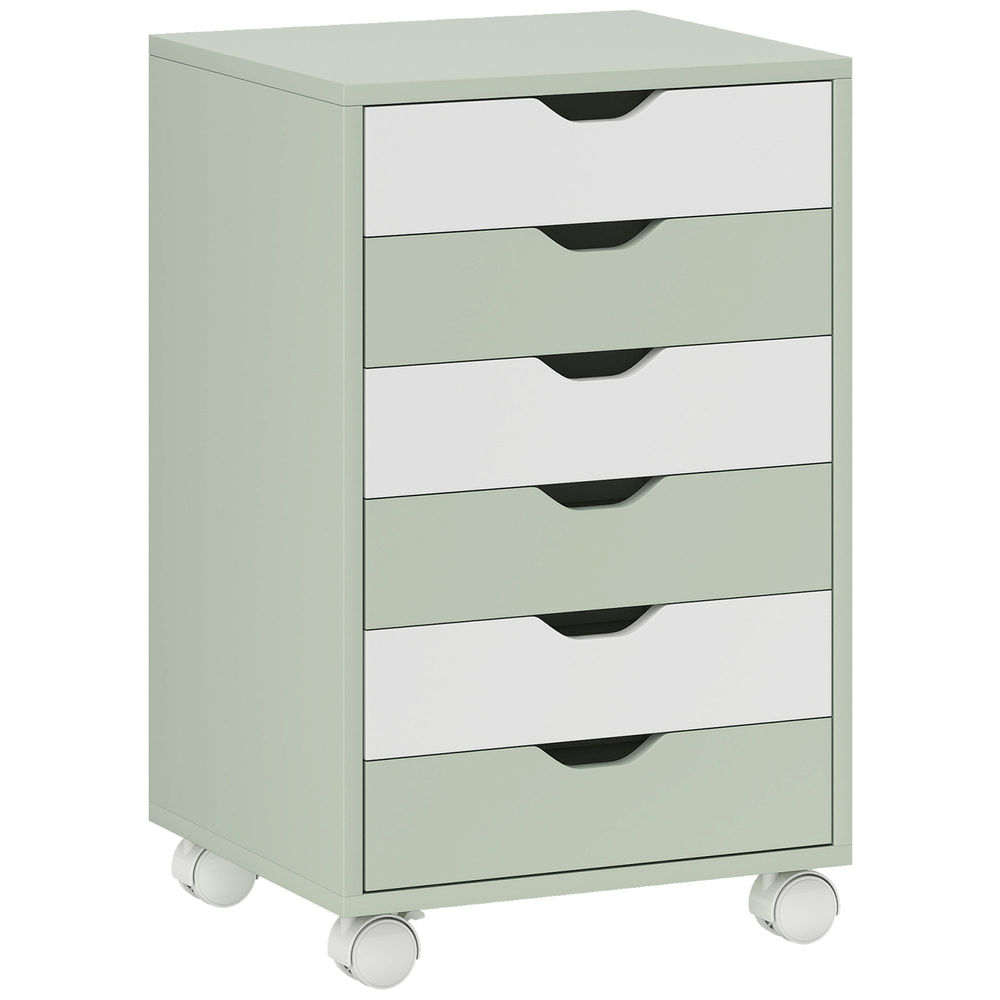 Homcom cajonera escritorio, archivador móvil con 6 cajones, soporte para impresora con ruedas, guías deslizantes silenciosas, para oficina, casa, verde y blanco