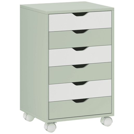 HOMCOM Bloco de Gavetas Móvel Arquivador com 6 Gavetas Suporte para Impressora com Rodas Guias Deslizantes Silenciosas para Escritório Casa 40x35x63 cm Verde e Branco