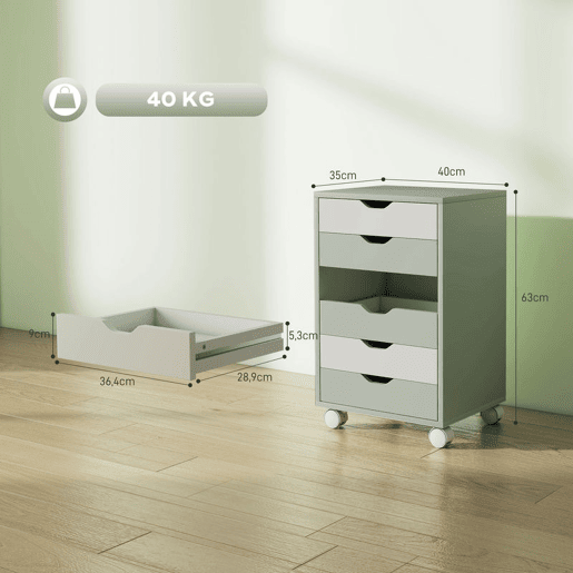 HOMCOM Bloco de Gavetas Móvel Arquivador com 6 Gavetas Suporte para Impressora com Rodas Guias Deslizantes Silenciosas para Escritório Casa 40x35x63 cm Verde e Branco