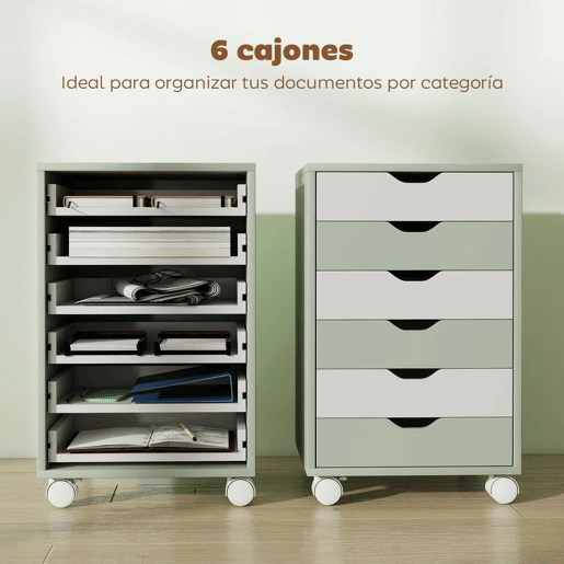 HOMCOM Bloco de Gavetas Móvel Arquivador com 6 Gavetas Suporte para Impressora com Rodas Guias Deslizantes Silenciosas para Escritório Casa 40x35x63 cm Verde e Branco