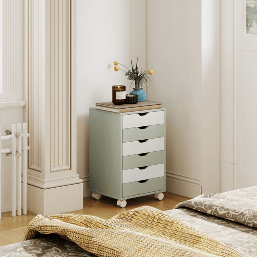 HOMCOM Bloco de Gavetas Móvel Arquivador com 6 Gavetas Suporte para Impressora com Rodas Guias Deslizantes Silenciosas para Escritório Casa 40x35x63 cm Verde e Branco
