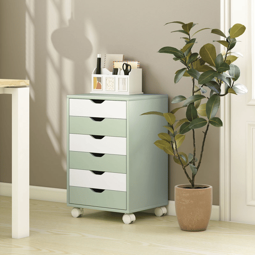 HOMCOM Bloco de Gavetas Móvel Arquivador com 6 Gavetas Suporte para Impressora com Rodas Guias Deslizantes Silenciosas para Escritório Casa 40x35x63 cm Verde e Branco