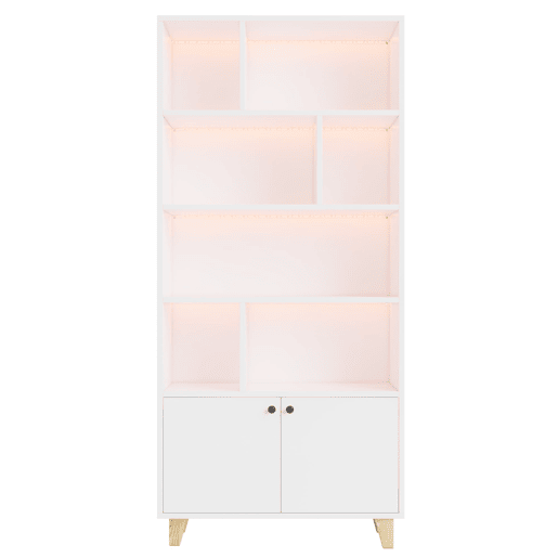 Estante 80x30x173 cm - Com pés em madeira maciça, várias prateleiras, portas duplas, luz LED com mudança de cor, comando à distância - Branca