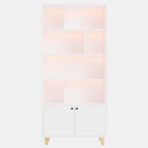 Estante 80x30x173 cm - Com pés em madeira maciça, várias prateleiras, portas duplas, luz LED com mudança de cor, comando à distância - Branca