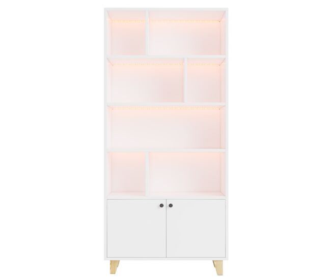Estantería 80x30x173 cm - con patas de madera maciza, estantes múltiples, puertas dobles, luz led con cambio de color, mando a distancia - blanca