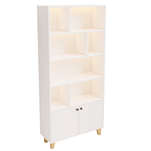 Estante 80x30x173 cm - Com pés em madeira maciça, várias prateleiras, portas duplas, luz LED com mudança de cor, comando à distância - Branca