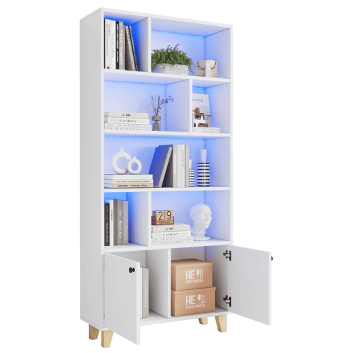 Estante 80x30x173 cm - Com pés em madeira maciça, várias prateleiras, portas duplas, luz LED com mudança de cor, comando à distância - Branca