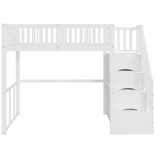 Cama alta 90x200 cm - Escada de segurança e arrumação - Estrutura em madeira maciça - Branca