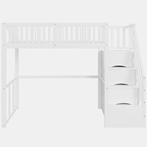Cama alta 90x200 cm - Escada de segurança e arrumação - Estrutura em madeira maciça - Branca