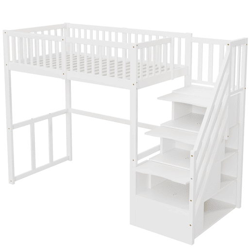 Cama alta 90x200 cm - Escada de segurança e arrumação - Estrutura em madeira maciça - Branca