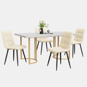 Conjunto de sala de jantar 140x80cm - Mesa de cozinha com 4 cadeiras, pernas metálicas douradas, estofamento bege