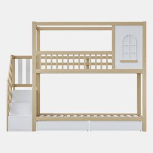 Cama beliche 90x200 cm - Madeira maciça, em forma de casa com janelas, barreira de segurança e escadas - Cor madeira
