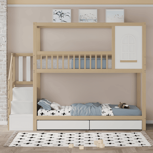 Cama beliche 90x200 cm - Madeira maciça, em forma de casa com janelas, barreira de segurança e escadas - Cor madeira