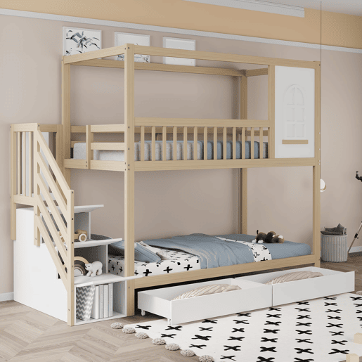 Cama beliche 90x200 cm - Madeira maciça, em forma de casa com janelas, barreira de segurança e escadas - Cor madeira