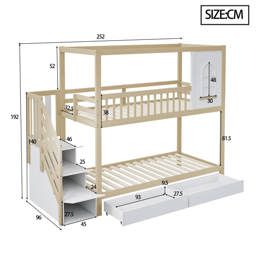Cama beliche 90x200 cm - Madeira maciça, em forma de casa com janelas, barreira de segurança e escadas - Cor madeira
