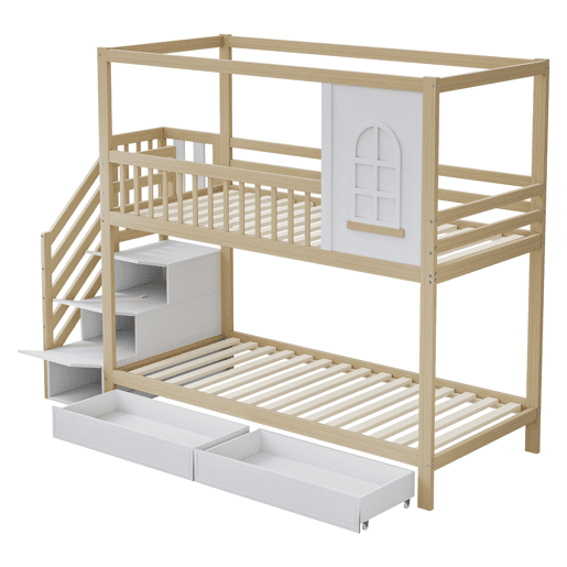 Cama beliche 90x200 cm - Madeira maciça, em forma de casa com janelas, barreira de segurança e escadas - Cor madeira