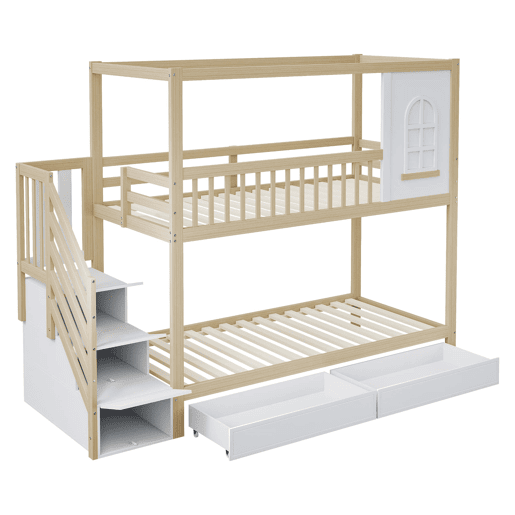 Cama beliche 90x200 cm - Madeira maciça, em forma de casa com janelas, barreira de segurança e escadas - Cor madeira