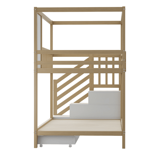 Cama beliche 90x200 cm - Madeira maciça, em forma de casa com janelas, barreira de segurança e escadas - Cor madeira