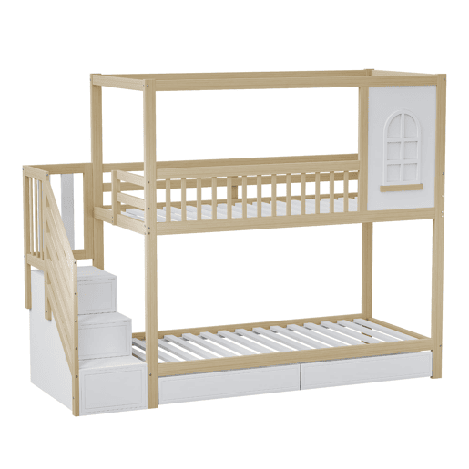 Cama beliche 90x200 cm - Madeira maciça, em forma de casa com janelas, barreira de segurança e escadas - Cor madeira