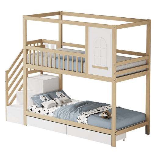 Cama beliche 90x200 cm - Madeira maciça, em forma de casa com janelas, barreira de segurança e escadas - Cor madeira