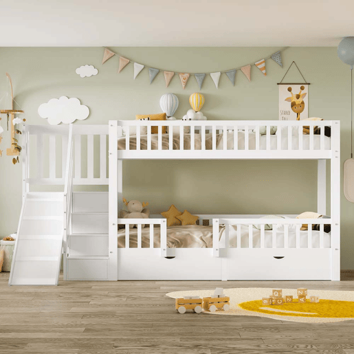 Cama beliche infantil 90x200 - multifuncional com escorregador, escadas, 2 gavetas, porta magnética - branca