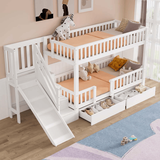 Cama beliche infantil 90x200 - multifuncional com escorregador, escadas, 2 gavetas, porta magnética - branca
