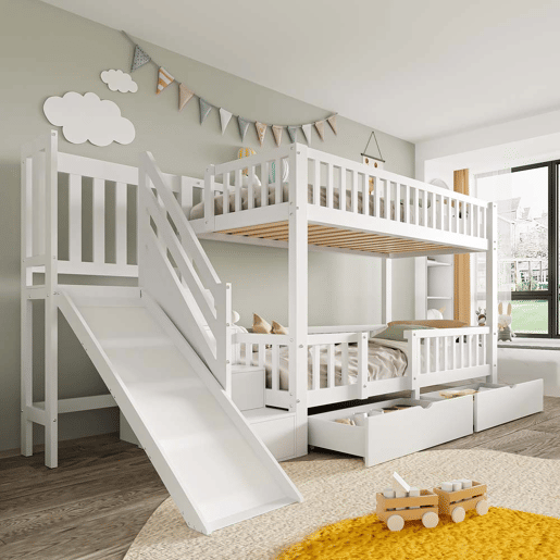 Cama beliche infantil 90x200 - multifuncional com escorregador, escadas, 2 gavetas, porta magnética - branca