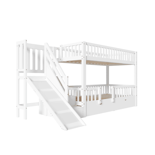 Cama beliche infantil 90x200 - multifuncional com escorregador, escadas, 2 gavetas, porta magnética - branca
