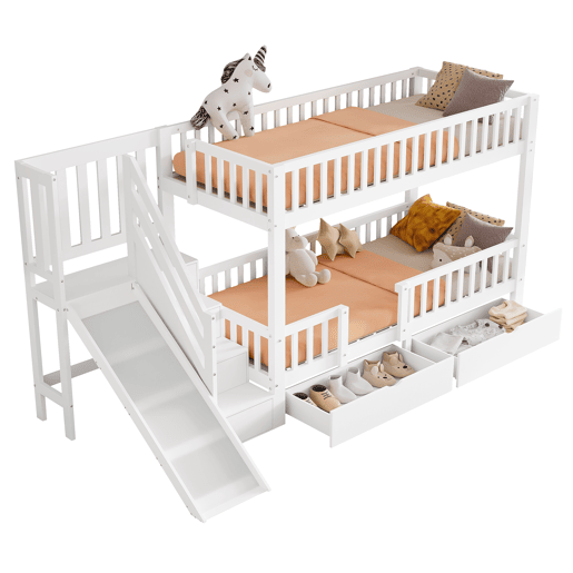 Cama beliche infantil 90x200 - multifuncional com escorregador, escadas, 2 gavetas, porta magnética - branca